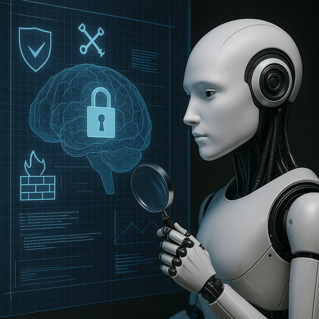 AI robot examining cybersecurity concepts with digital brain and security icons